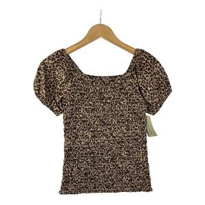 New Thereabouts Cheetah Print Smoked Blouse size L (14)‎ Tan/Brown/Black